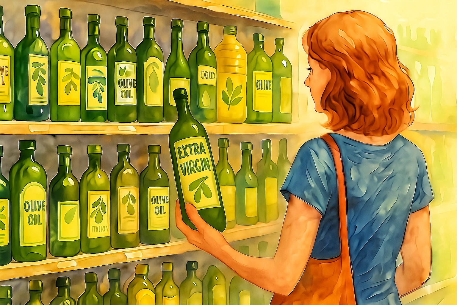 Row of dark glass olive oil bottles on a grocery store shelf