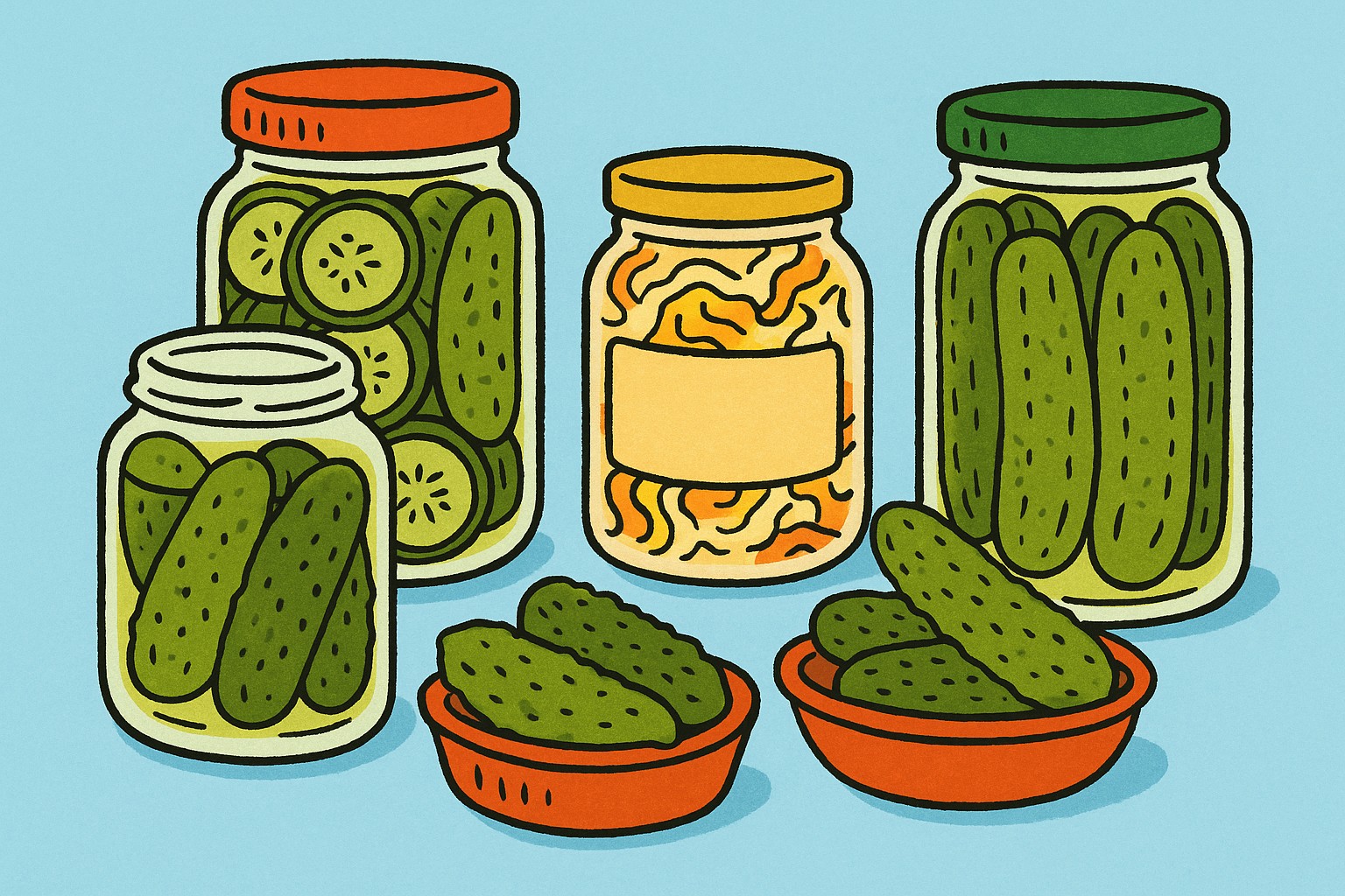 Assorted pickle jars lined up on a grocery store shelf