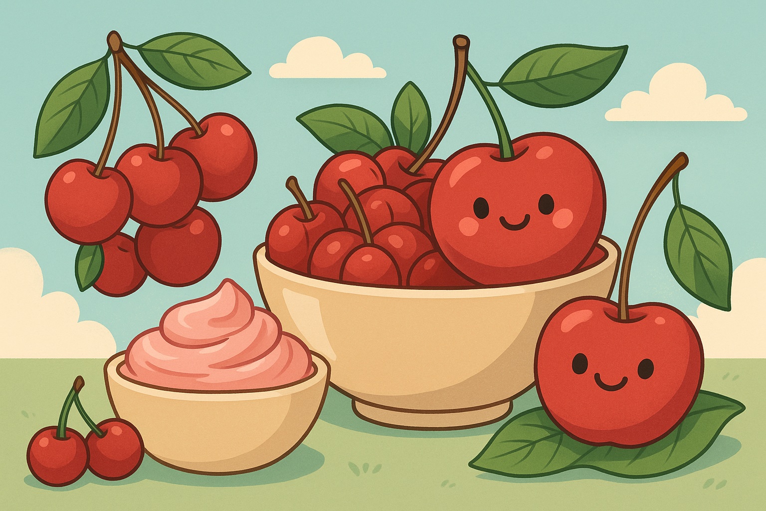 Bowl of deep-red sweet cherries in a white dish with scattered cherries on a rustic surface