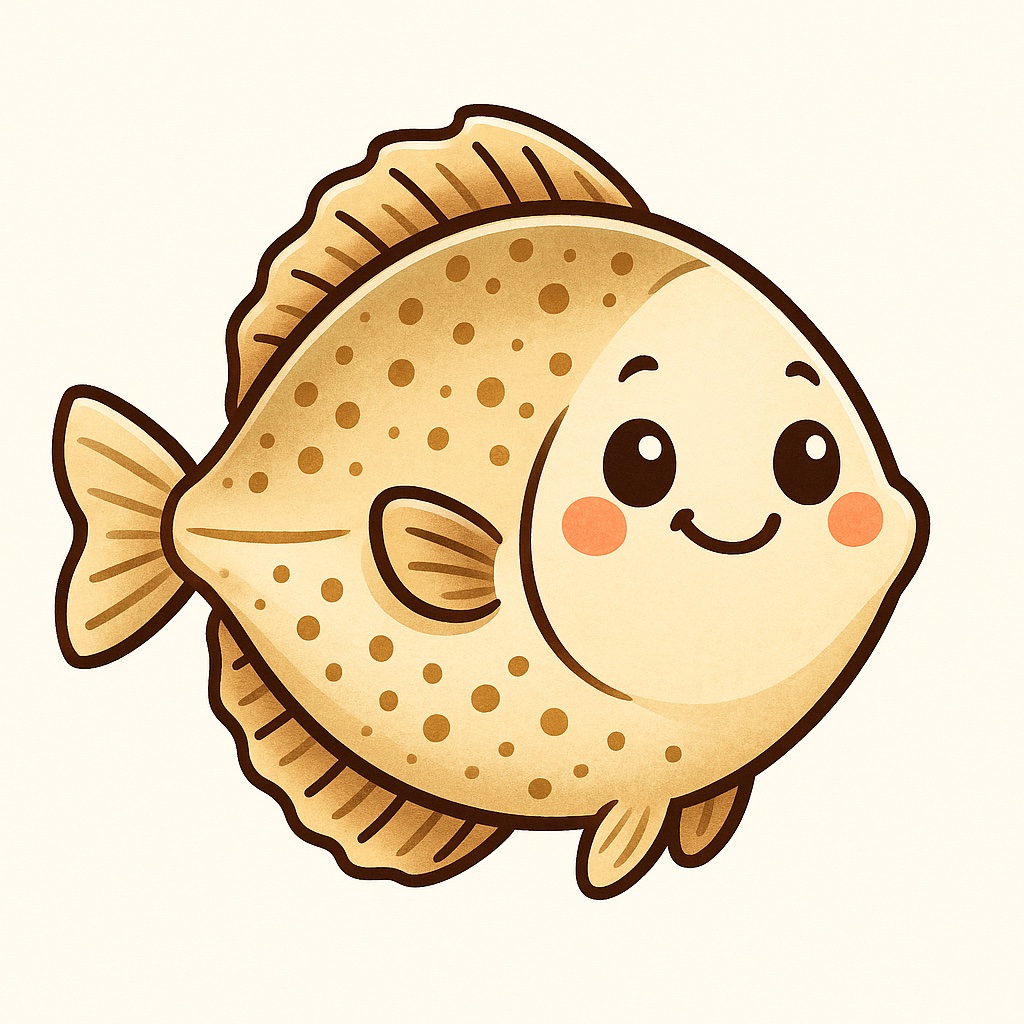 Illustrated cartoon halibut fish with a friendly expression showing its flat body profile