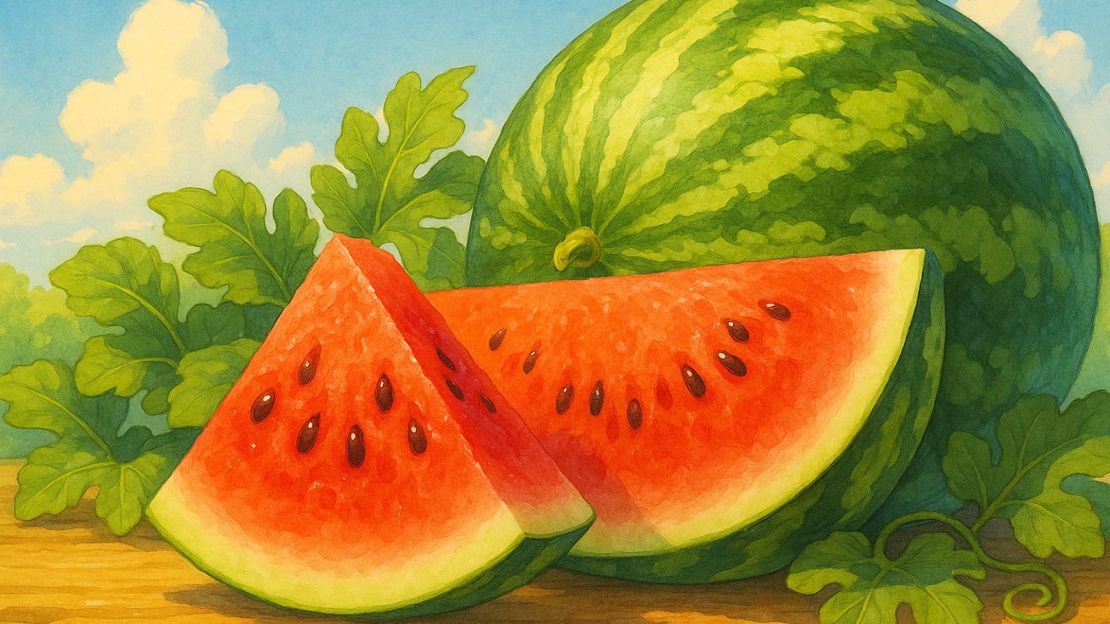 Fresh watermelon slices with bright red flesh and green rind on a summer table