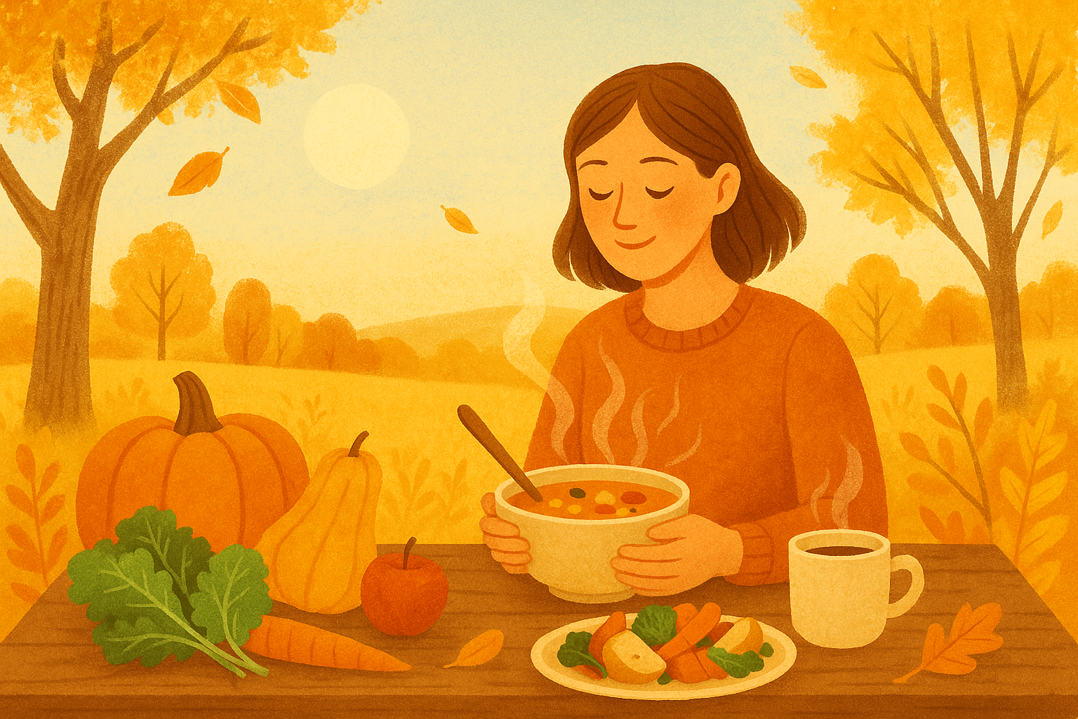 Autumn equinox illustration with seasonal harvest colors and calm fall wellness vibes