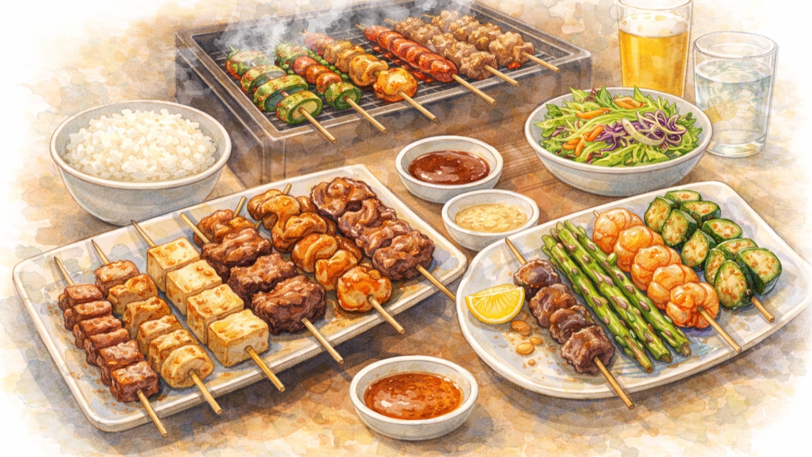 Barbecue and yakitori illustration with wholesome nutritionist smart-eating tips