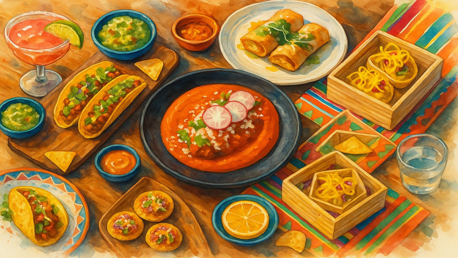 Colorful Cinco de Mayo spread with tacos, guacamole, and festive traditional dishes