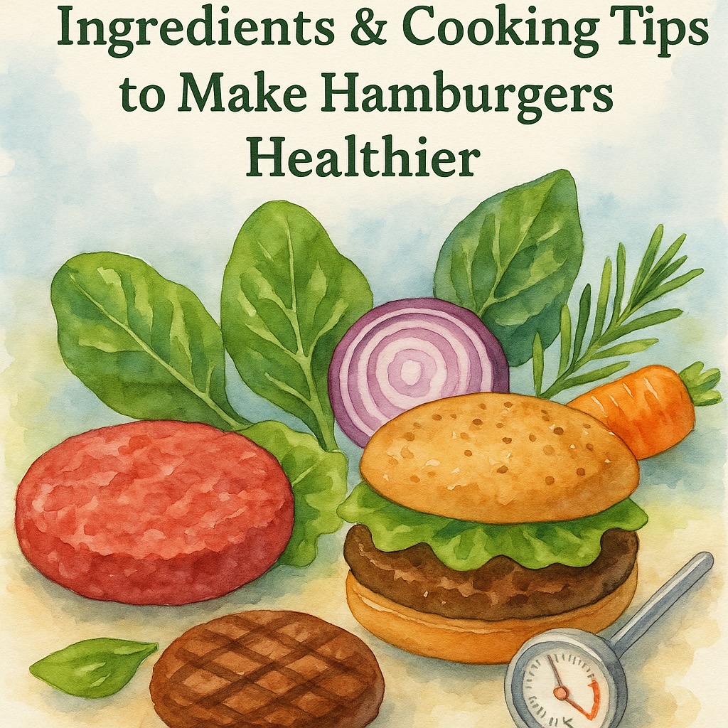 Healthy burger tips illustration with colorful toppings and grilling ideas