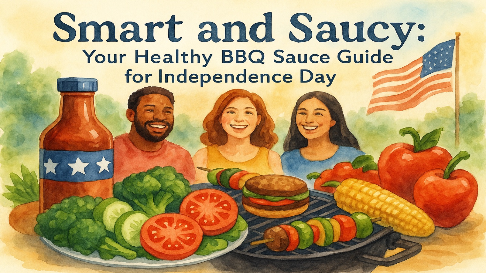 Independence Day feature illustration with healthy BBQ sauce and Fourth of July grill vibes