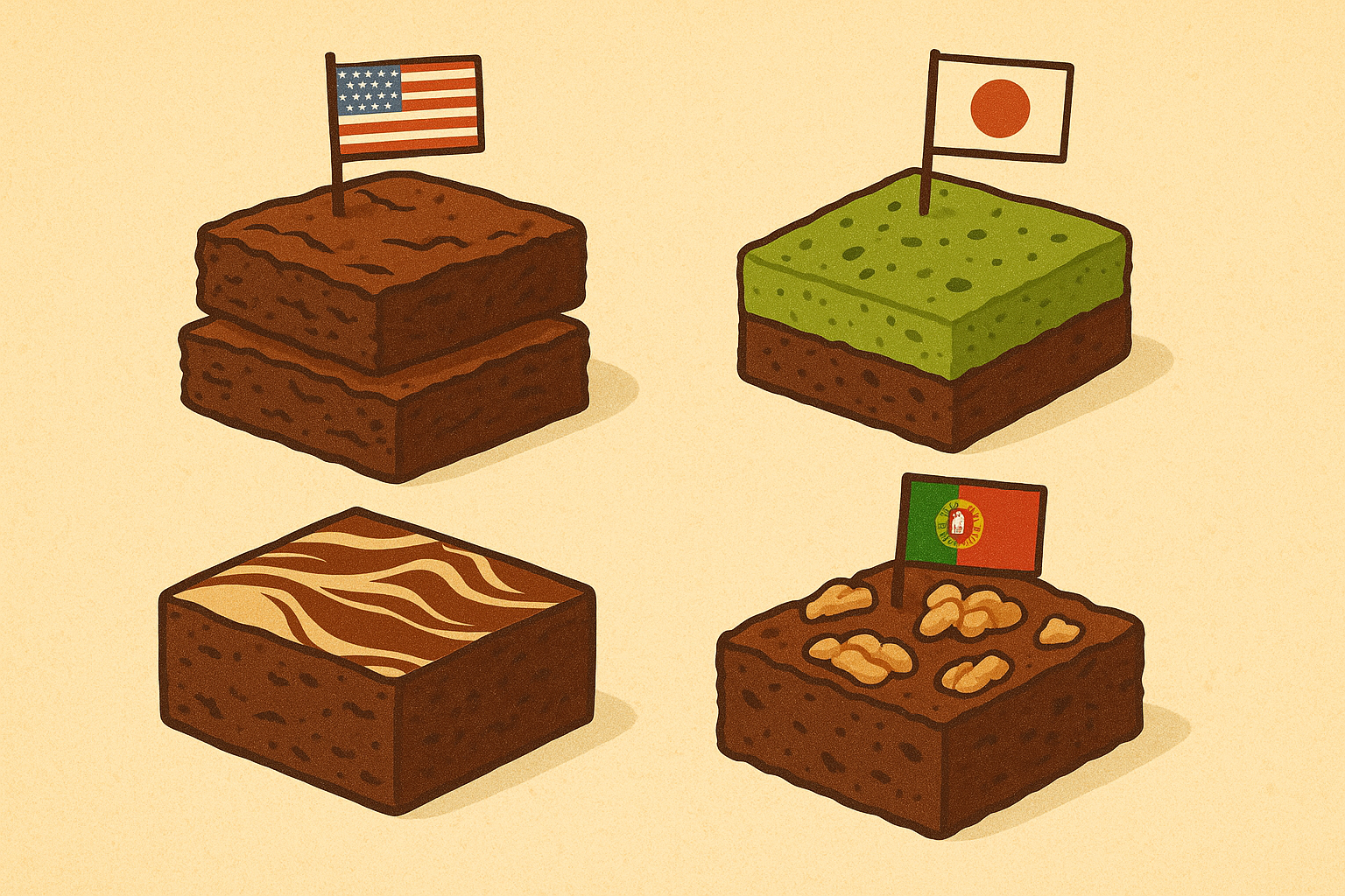 National Brownie Day illustration with fudgy brownies and global food-savvy baking tips