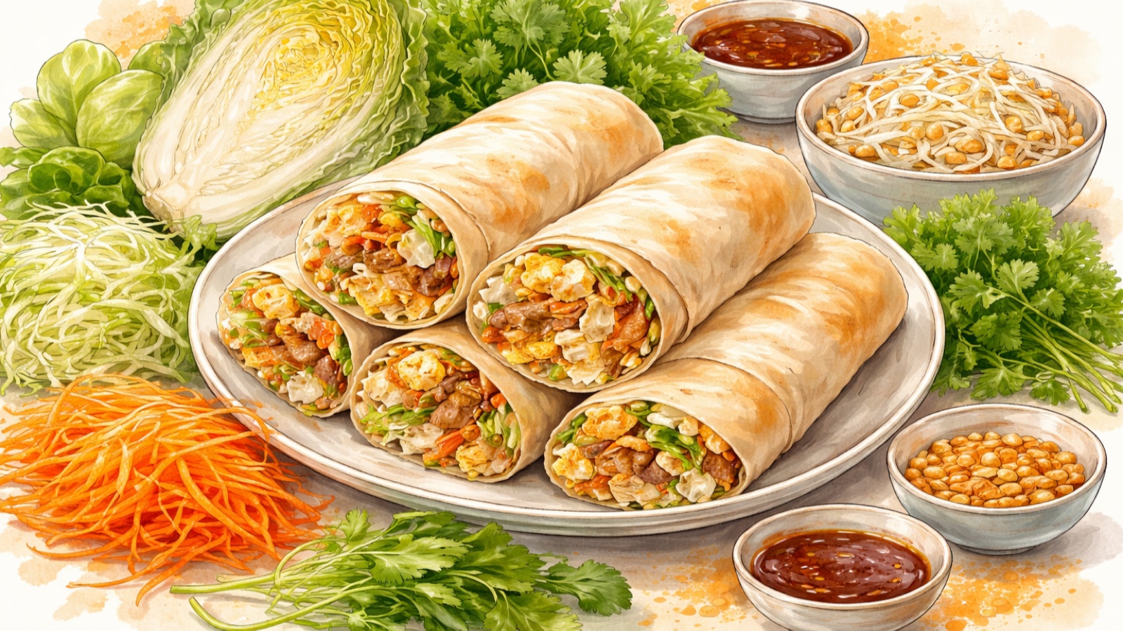 Fresh Tomb Sweeping Day spring rolls with seasonal greens, herbs, and peanut powder on a family table
